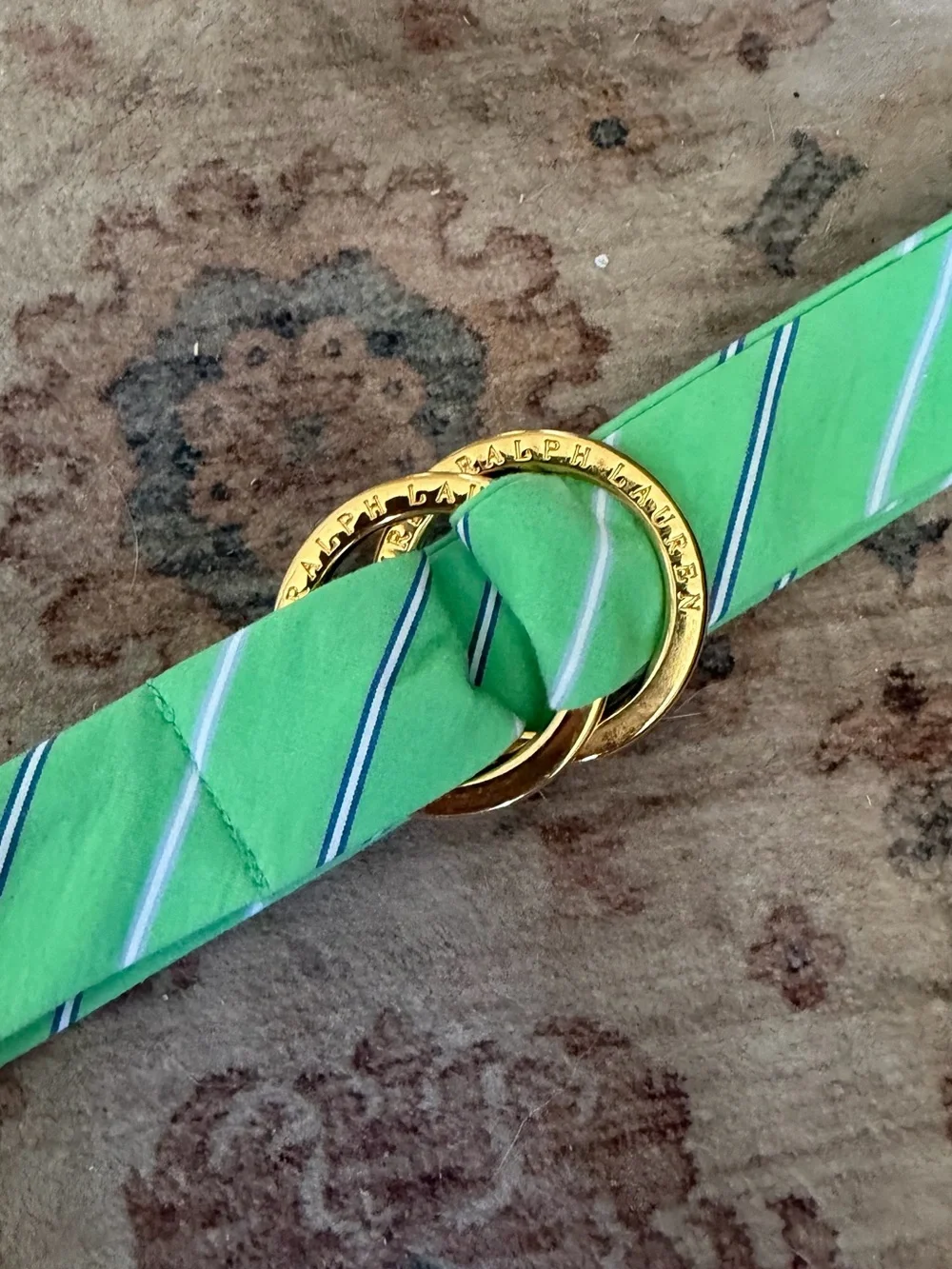 Ralph Lauren Green Blue Stripe Cotton D-Ring Belt Gold Logo Buckle 41”